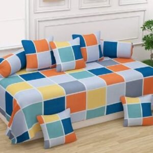 Multicolor King Size Microfiber Bedsheet With 2 Bolster Covers And 5 Cushion Covers Diwan Set