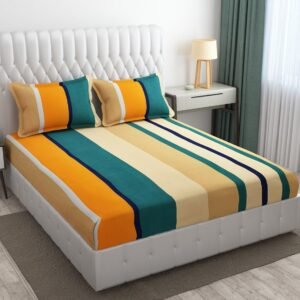220 TC Heavy Glace Cotton All Round Elastic Fitted King Size Bedsheet With 2 Pillow Covers (72X78X Upto 10 Inches) & 360 Degree Elasticated (Cream And Green)