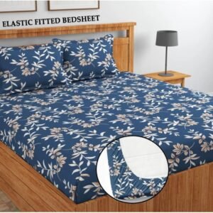 220 TC Heavy Glace Cotton All Round Elastic Fitted King Size Bedsheet With 2 Pillow Covers (72X78X Upto 10 Inches) & 360 Degree Elasticated (Blue and White)