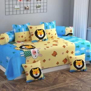 220TC Yellow and Blue lion Digital Printed Glace Cotton 8 Set Diwan Set