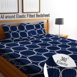 220 TC Heavy Glace Cotton All Round Elastic Fitted King Size Bedsheet With 2 Pillow Covers (72X78X Upto 10 Inches) & 360 Degree Elasticated (Blue)