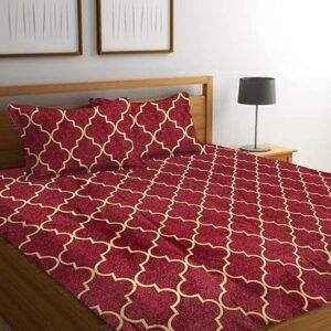 220 TC Fitted Elastic King Size Bedsheet With Two Pillow Covers (72X78X Upto 10 Inches) & 360 Degree Elasticated (Maroon and Yellow)